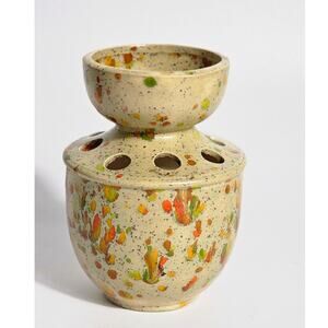 Vintage MCM pottery flower planter pen or paint brush holder splatter glaze